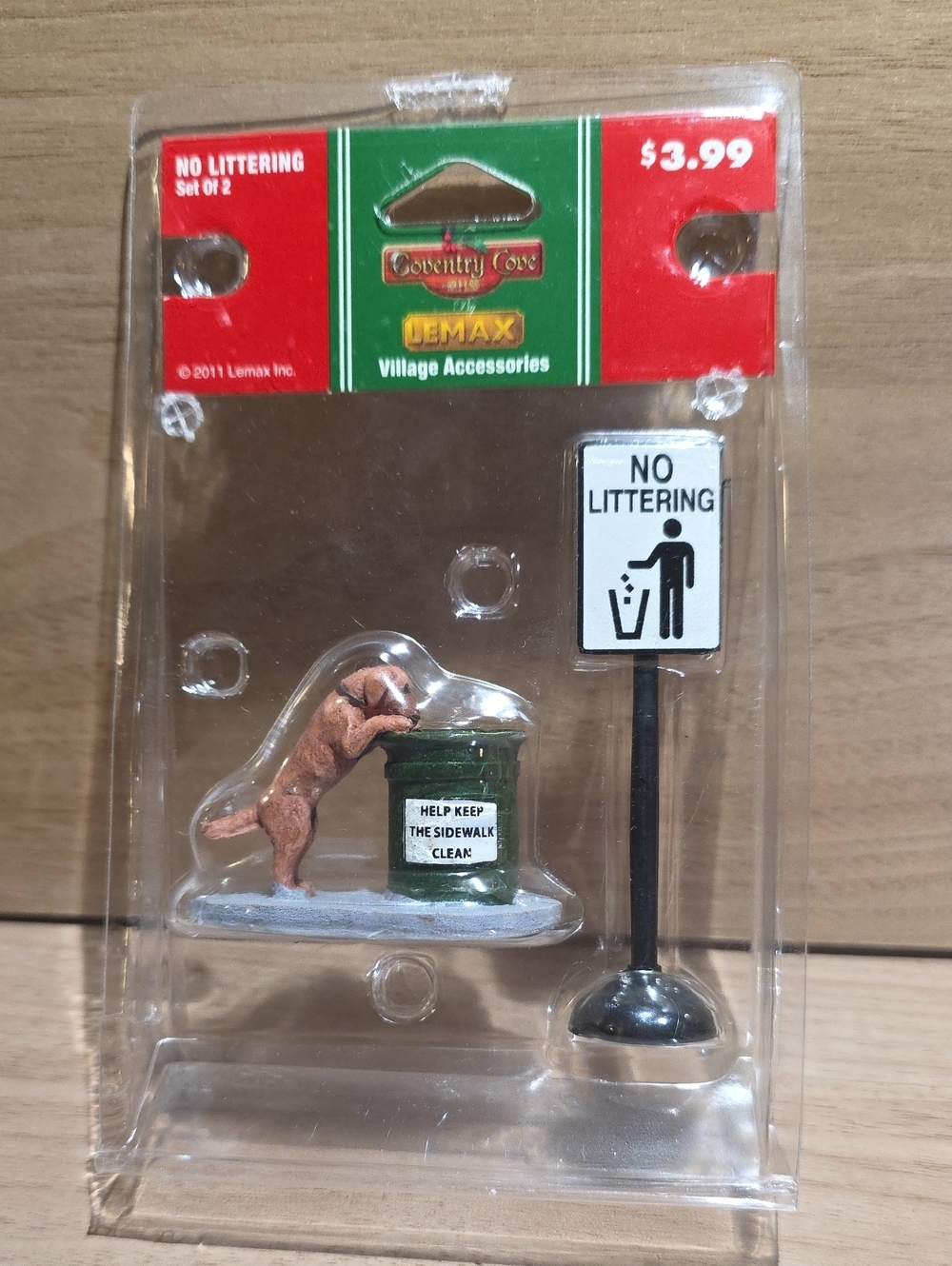 VintageLemax Village Accessories No Littering With Dog Figurine - Green/Brown